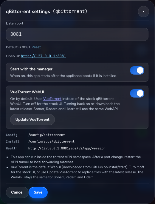 qBittorrent catalog settings, dark theme