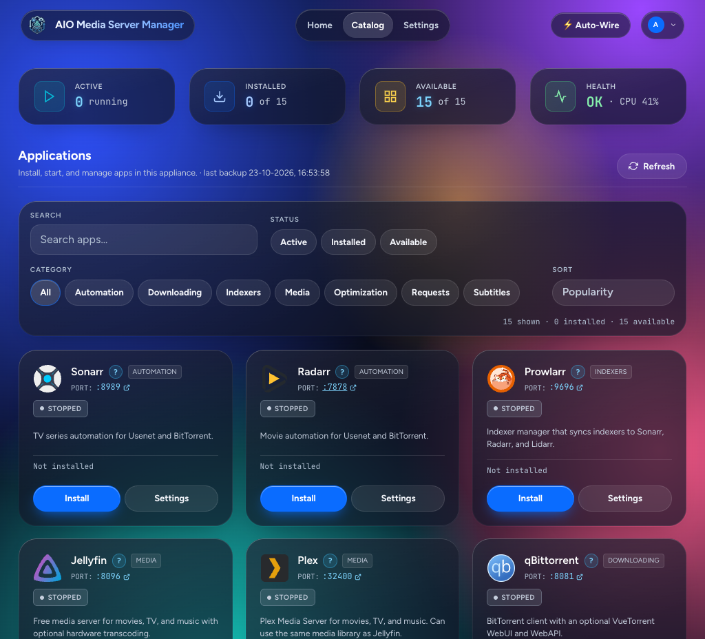 Catalog with application cards and install controls, dark theme