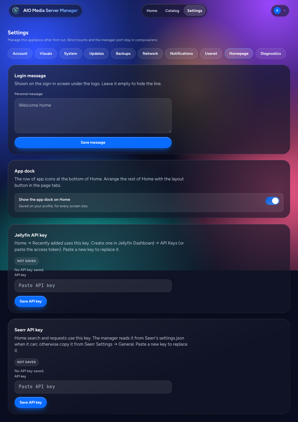 Homepage settings, dark theme