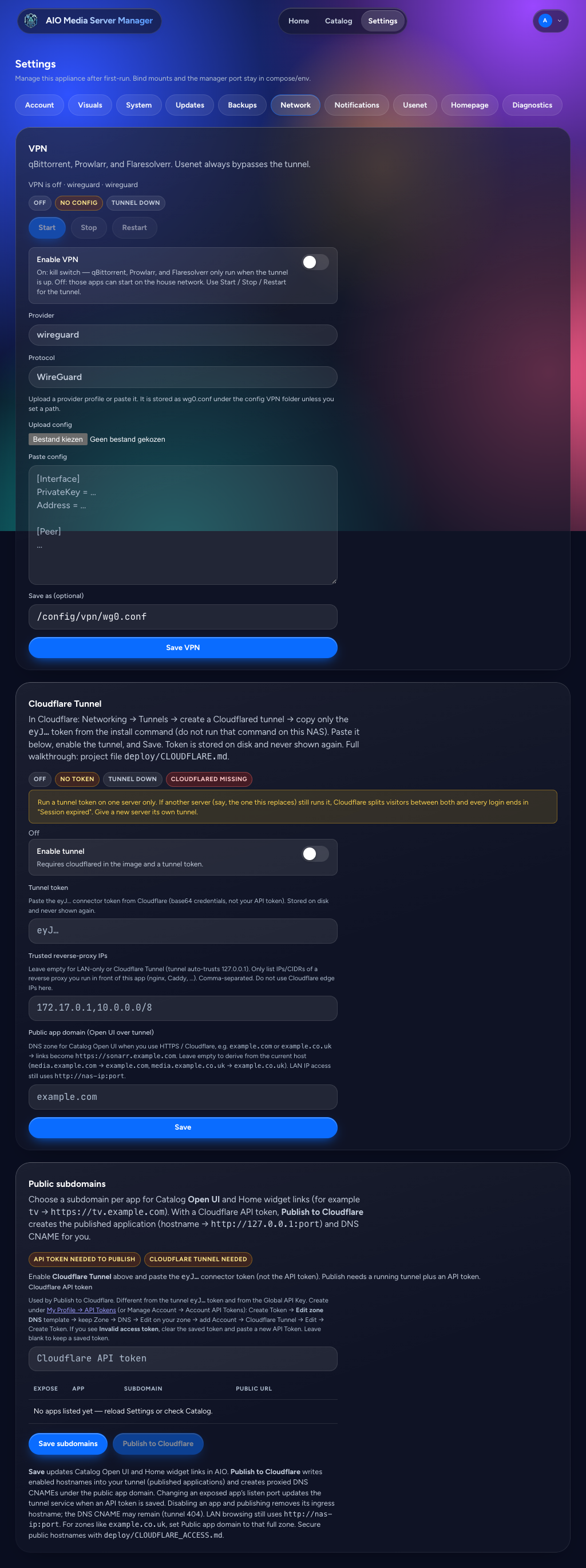 Network settings, dark theme