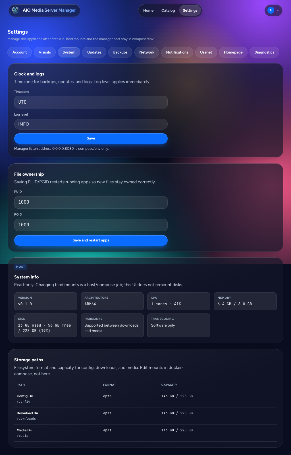 System settings, dark theme