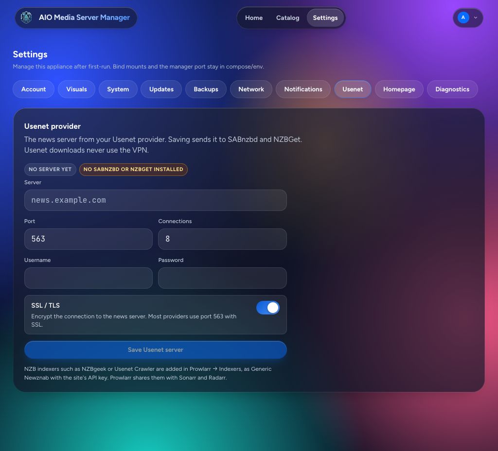 Usenet settings, dark theme