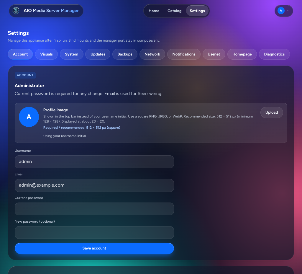 Settings account page, dark theme