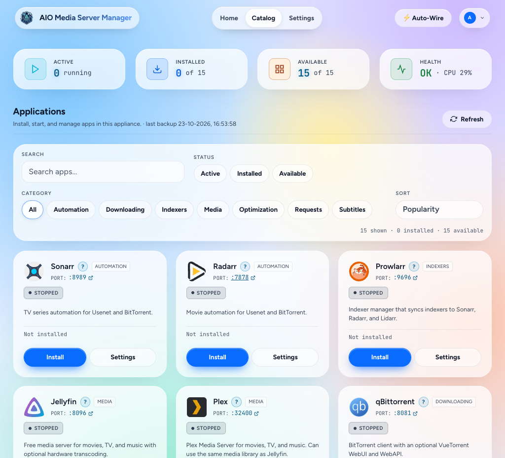 Catalog with application cards and install controls, light theme