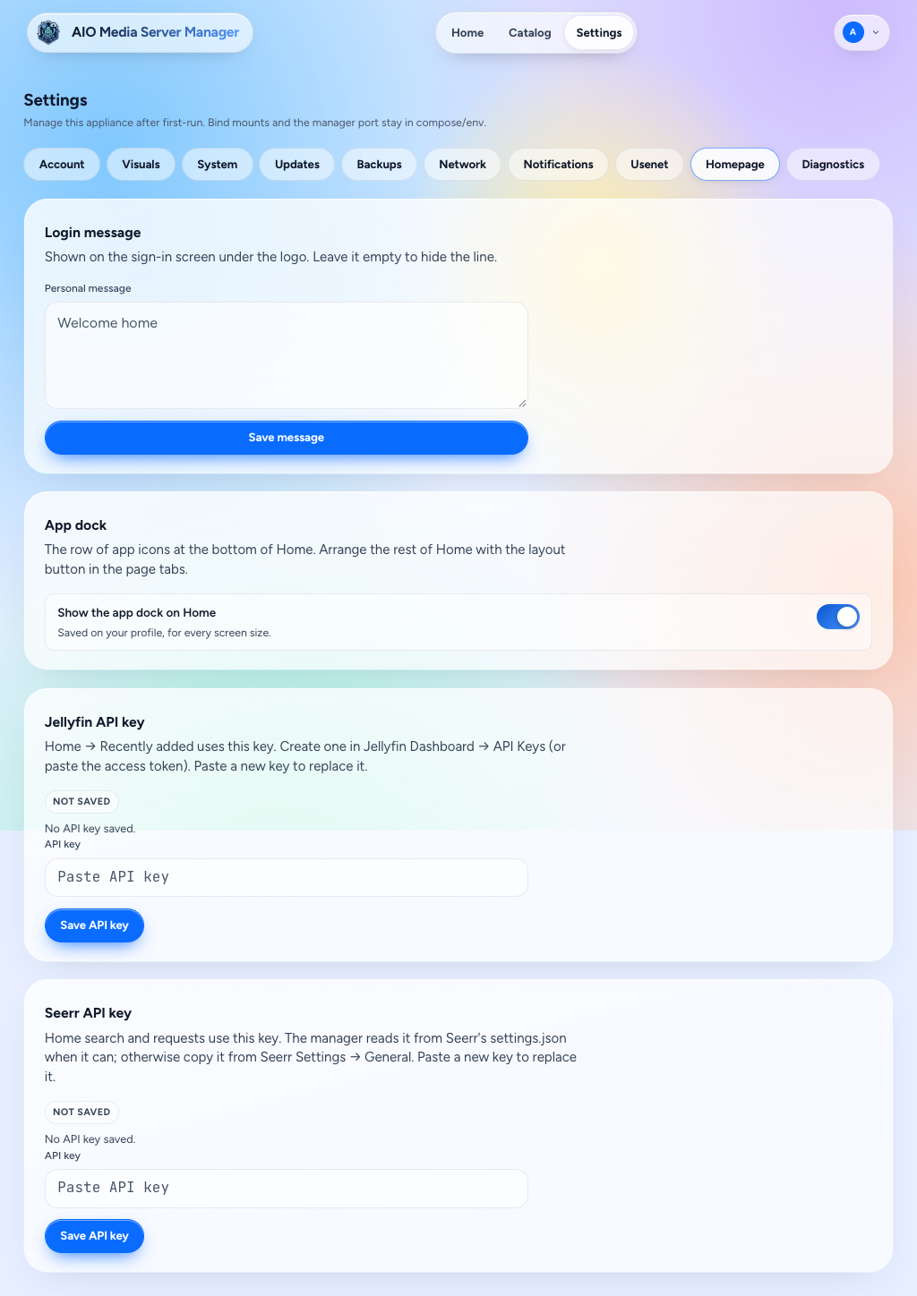 Homepage settings, light theme