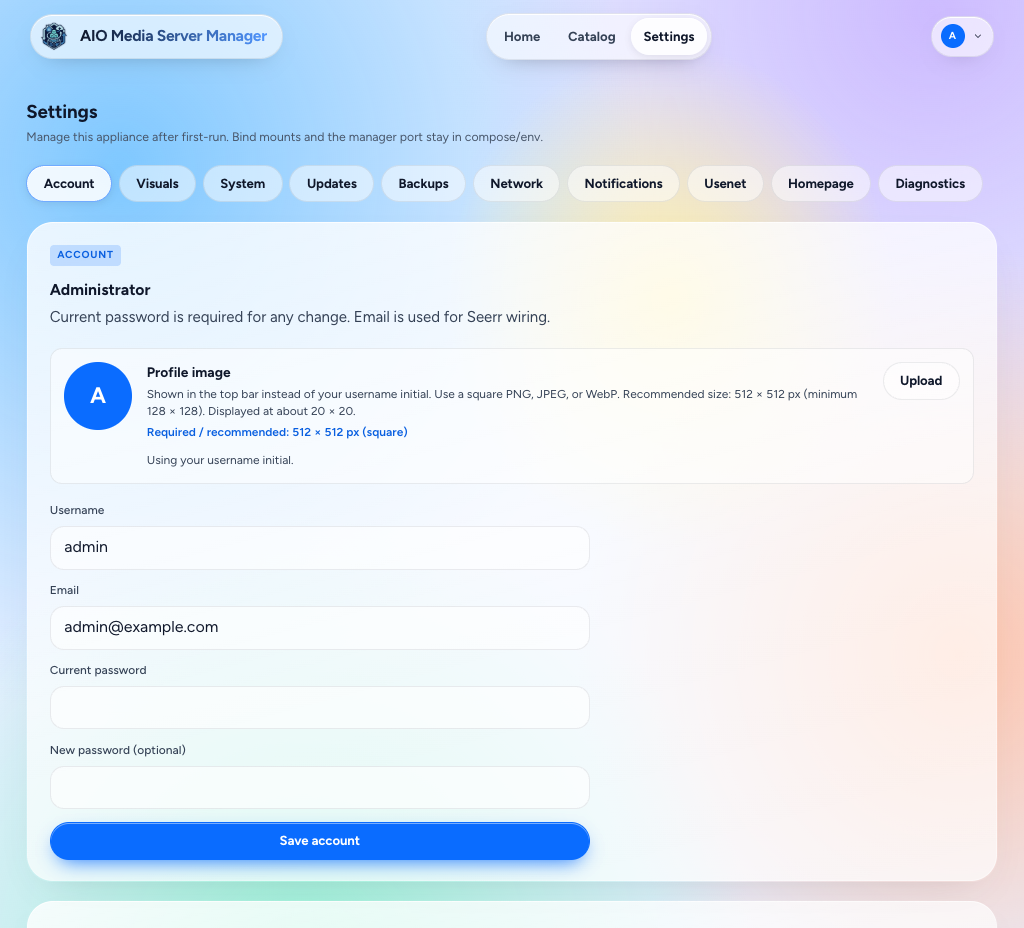 Settings account page, light theme